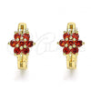 Oro Laminado Huggie Hoop, Gold Filled Style Flower Design, with Garnet Cubic Zirconia, Polished, Golden Finish, 02.210.0497.4.15