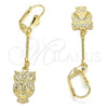 Oro Laminado Long Earring, Gold Filled Style Owl Design, with and Swarovski Crystals, Polished, Golden Finish, 02.32.0547