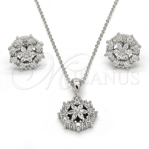Sterling Silver Earring and Pendant Adult Set, Flower Design, with White Cubic Zirconia, Polished, Rhodium Finish, 10.175.0020