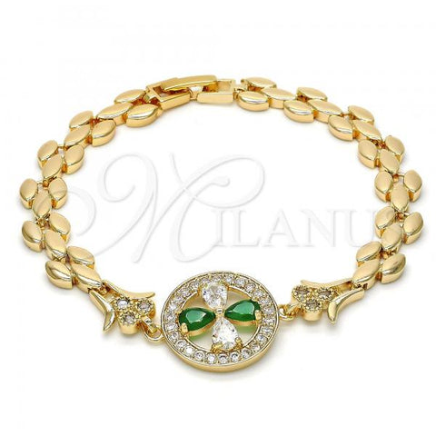 Oro Laminado Fancy Bracelet, Gold Filled Style Flower Design, with Green and White Cubic Zirconia, Polished, Golden Finish, 03.210.0044.1.08