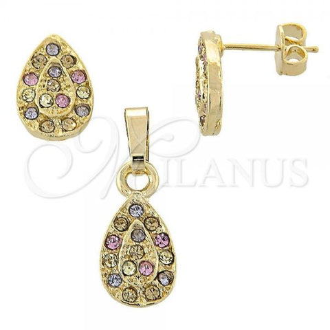 Oro Laminado Earring and Pendant Adult Set, Gold Filled Style Teardrop Design, with Multicolor Crystal, Polished, Golden Finish, 10.164.0016.1