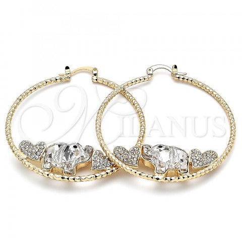 Oro Laminado Large Hoop, Gold Filled Style Elephant and Heart Design, with White and Black Crystal, Diamond Cutting Finish, Golden Finish, 02.380.0052.1.50