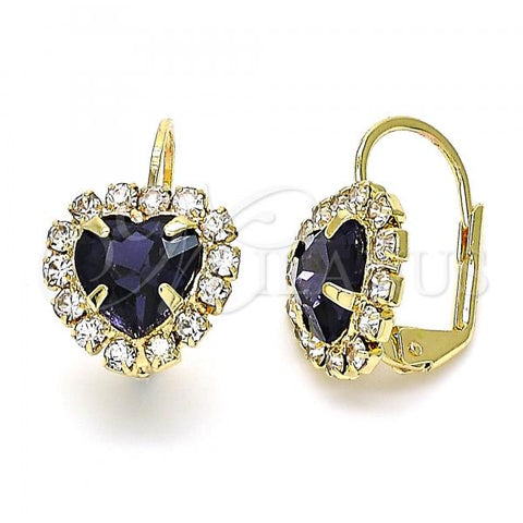 Oro Laminado Leverback Earring, Gold Filled Style Heart Design, with Dark Amethyst and White Crystal, Polished, Golden Finish, 02.122.0111.5