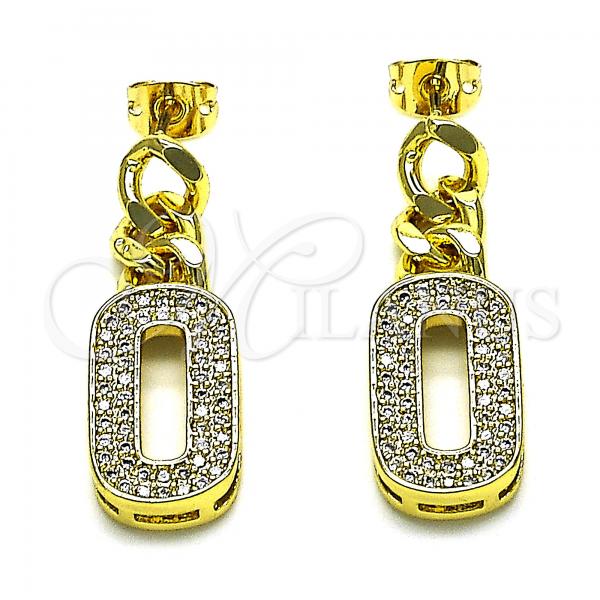 Oro Laminado Dangle Earring, Gold Filled Style Miami Cuban Design, with White Micro Pave, Polished, Golden Finish, 02.341.0144