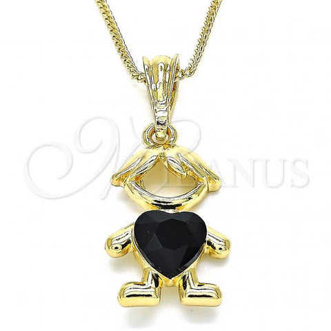 Oro Laminado Pendant Necklace, Gold Filled Style Little Boy and Heart Design, with Black Crystal, Polished, Golden Finish, 04.380.0008.20