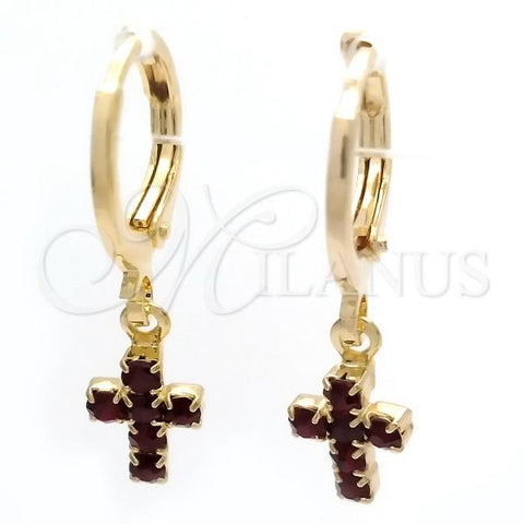 Oro Laminado Huggie Hoop, Gold Filled Style Cross Design, with Garnet Cubic Zirconia, Polished, Golden Finish, 02.02.0496.4.15