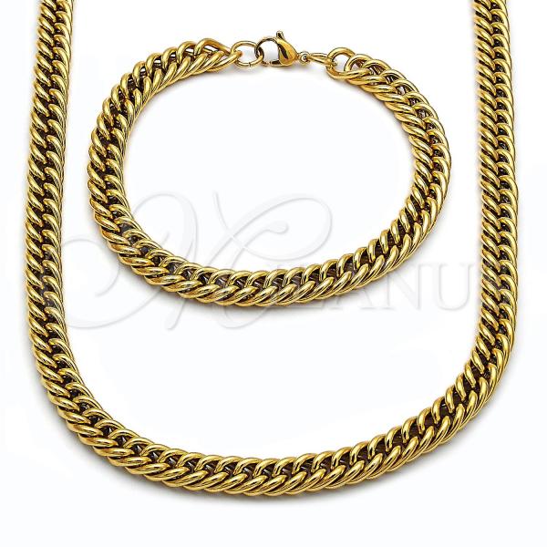 Stainless Steel Necklace and Bracelet, Miami Cuban Design, Polished, Golden Finish, 06.278.0013.1