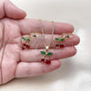 Oro Laminado Earring and Pendant Adult Set, Gold Filled Style Cherry Design, with Garnet and Green Cubic Zirconia, Polished, Golden Finish, 10.210.0186