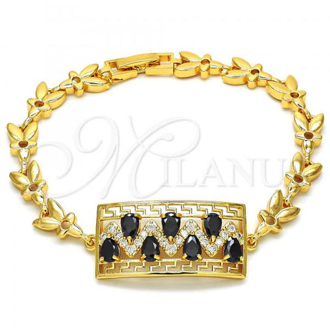Oro Laminado Fancy Bracelet, Gold Filled Style Greek Key and Teardrop Design, with Black and White Cubic Zirconia, Polished, Golden Finish, 03.210.0109.07