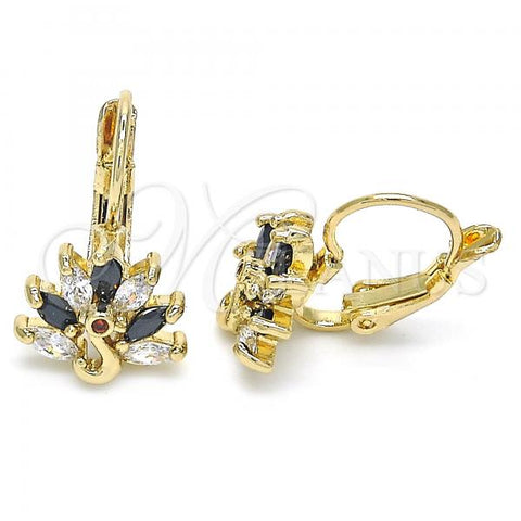 Oro Laminado Leverback Earring, Gold Filled Style Peacock Design, with Black and White Cubic Zirconia, Polished, Golden Finish, 02.210.0229.3