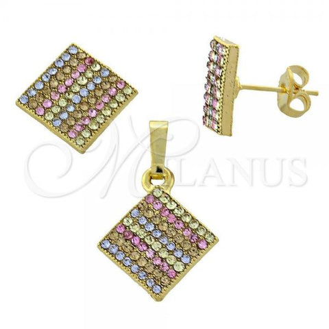Oro Laminado Earring and Pendant Adult Set, Gold Filled Style with Multicolor Crystal, Polished, Golden Finish, 10.164.0026.1
