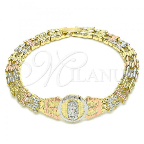 Oro Laminado Fancy Bracelet, Gold Filled Style Guadalupe and Flower Design, Diamond Cutting Finish, Tricolor, 03.380.0099.07