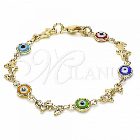 Oro Laminado Fancy Bracelet, Gold Filled Style Evil Eye and Dolphin Design, Multicolor Resin Finish, Golden Finish, 03.326.0009.06