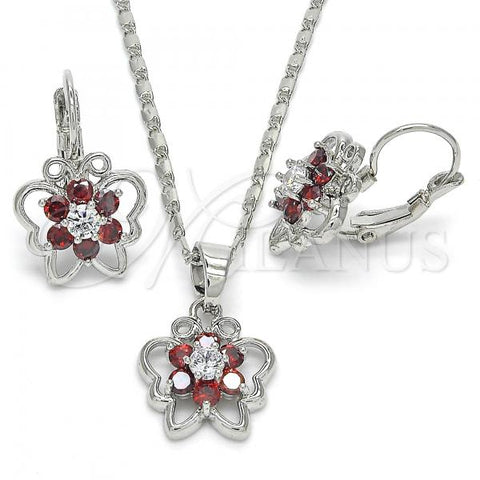 Rhodium Plated Earring and Pendant Adult Set, Butterfly and Flower Design, with Garnet and White Cubic Zirconia, Polished, Rhodium Finish, 10.210.0100.5