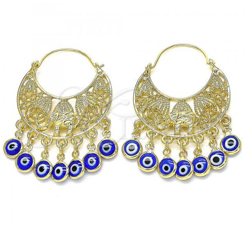 Oro Laminado Long Earring, Gold Filled Style Elephant and Evil Eye Design, Blue Resin Finish, Golden Finish, 02.380.0057.2