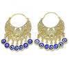 Oro Laminado Long Earring, Gold Filled Style Elephant and Evil Eye Design, Blue Resin Finish, Golden Finish, 02.380.0057.2