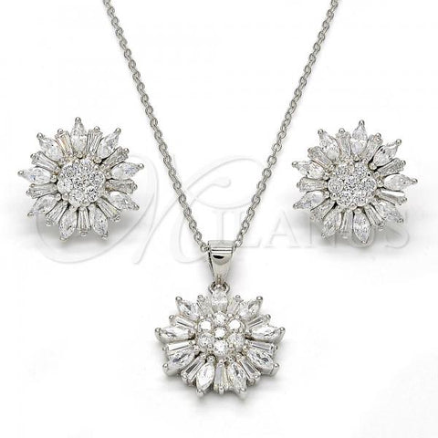 Sterling Silver Earring and Pendant Adult Set, Flower Design, with White Cubic Zirconia, Polished, Rhodium Finish, 10.175.0038