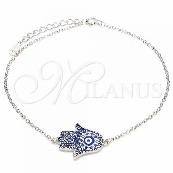 Sterling Silver Fancy Bracelet, Hand of God and Evil Eye Design, with White Micro Pave, Blue Enamel Finish, Rhodium Finish, 03.336.0077.08