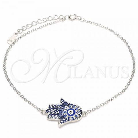 Sterling Silver Fancy Bracelet, Hand of God and Evil Eye Design, with White Micro Pave, Blue Enamel Finish, Rhodium Finish, 03.336.0077.08