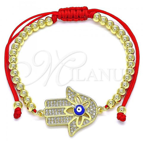 Oro Laminado Adjustable Bolo Bracelet, Gold Filled Style Hand of God and Evil Eye Design, with White Micro Pave, Blue Enamel Finish, Golden Finish, 03.341.0094.11