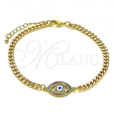 Oro Laminado Fancy Bracelet, Gold Filled Style Evil Eye Design, with Multicolor Micro Pave, White Enamel Finish, Golden Finish, 03.368.0084.1.08