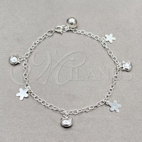 Sterling Silver Fancy Bracelet, Flower and Cat Design, Polished, Silver Finish, 03.409.0116.08