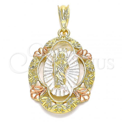 Oro Laminado Religious Pendant, Gold Filled Style San Judas Design, Polished, Tricolor, 05.380.0043