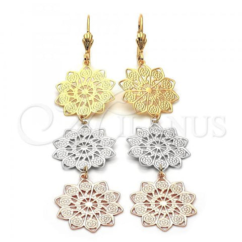 Oro Laminado Long Earring, Gold Filled Style Flower Design, Diamond Cutting Finish, Tricolor, 5.106.003