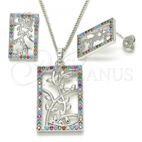 Rhodium Plated Earring and Pendant Adult Set, Leaf Design, with Multicolor Cubic Zirconia, Polished, Rhodium Finish, 10.233.0039.4