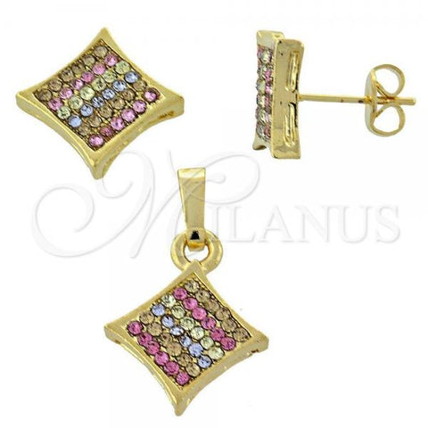 Oro Laminado Earring and Pendant Adult Set, Gold Filled Style with Multicolor Crystal, Polished, Golden Finish, 10.164.0017.1