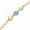 Oro Laminado Fancy Bracelet, Gold Filled Style Evil Eye Design, with White Pearl, Blue Polished, Golden Finish, 03.09.0068.1.07
