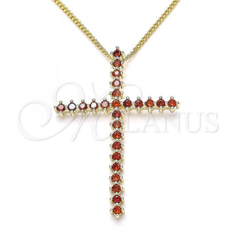 Oro Laminado Pendant Necklace, Gold Filled Style Cross Design, with Garnet Cubic Zirconia, Polished, Golden Finish, 04.284.0024.1.20