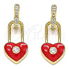 Oro Laminado Huggie Hoop, Gold Filled Style Lock and Heart Design, with White Cubic Zirconia, Red Enamel Finish, Golden Finish, 02.213.0184.12