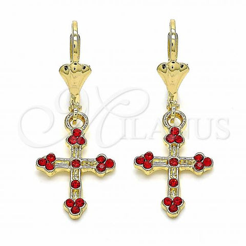 Oro Laminado Dangle Earring, Gold Filled Style Cross Design, with Garnet Crystal, Polished, Golden Finish, 02.351.0036.1