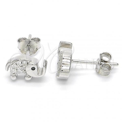 Sterling Silver Stud Earring, Elephant Design, with Black Cubic Zirconia and White Crystal, Polished, Rhodium Finish, 02.336.0066