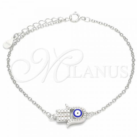Sterling Silver Fancy Bracelet, Hand of God and Evil Eye Design, with White Cubic Zirconia, Blue Enamel Finish, Rhodium Finish, 03.336.0090.07
