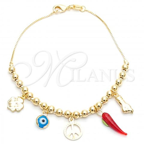 Oro Laminado Charm Bracelet, Gold Filled Style Four-leaf Clover and Hand Design, Polished, Golden Finish, 03.32.0262.07
