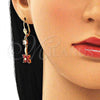 Oro Laminado Long Earring, Gold Filled Style Flower Design, with Garnet and White Cubic Zirconia, Polished, Golden Finish, 02.213.0345