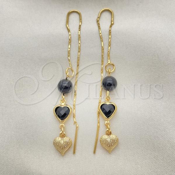 Oro Laminado Threader Earring, Gold Filled Style Ball and Heart Design, Polished, Golden Finish, 02.02.0518