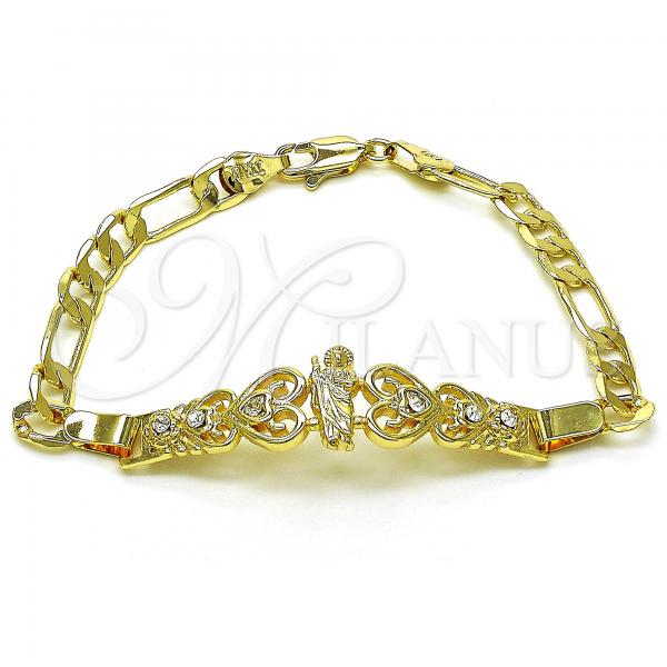 Oro Laminado Fancy Bracelet, Gold Filled Style San Judas and Figaro Design, with White Crystal, Polished, Golden Finish, 03.253.0080.07