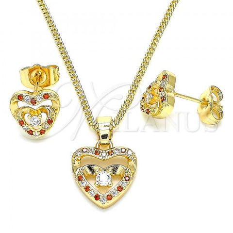 Oro Laminado Earring and Pendant Adult Set, Gold Filled Style Heart Design, with Garnet Micro Pave and White Cubic Zirconia, Polished, Golden Finish, 10.233.0032.7