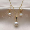Oro Laminado Earring and Pendant Adult Set, Gold Filled Style Ball Design, with Ivory Pearl and White Micro Pave, Polished, Golden Finish, 10.195.0064