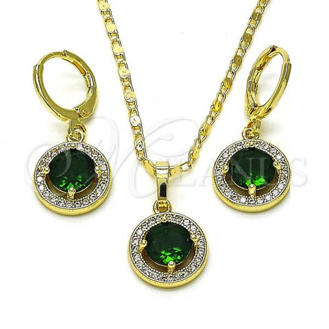 Oro Laminado Earring and Pendant Adult Set, Gold Filled Style Cluster Design, with Green Cubic Zirconia and White Micro Pave, Polished, Golden Finish, 10.196.0144