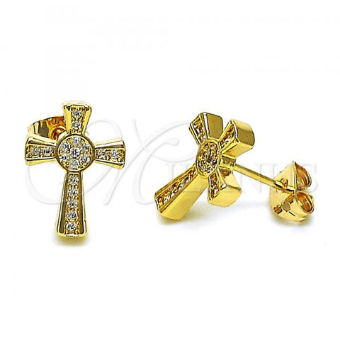 Oro Laminado Stud Earring, Gold Filled Style Cross Design, with White Micro Pave, Polished, Golden Finish, 02.342.0252