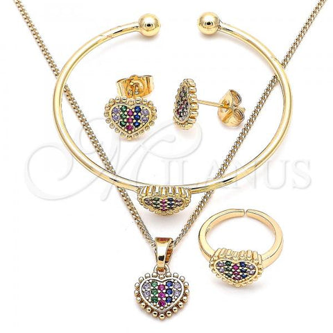 Oro Laminado Earring and Pendant Children Set, Gold Filled Style Heart Design, with Multicolor Micro Pave, Polished, Golden Finish, 06.210.0022.1