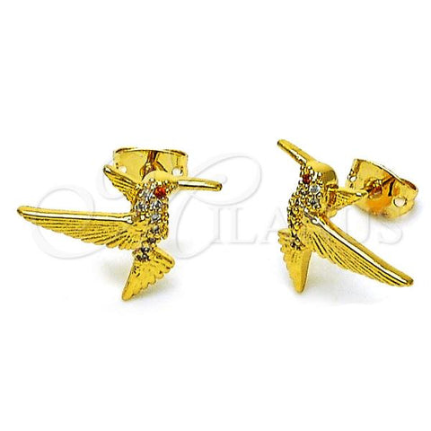 Oro Laminado Stud Earring, Gold Filled Style Bird Design, with White Micro Pave, Polished, Golden Finish, 02.342.0316