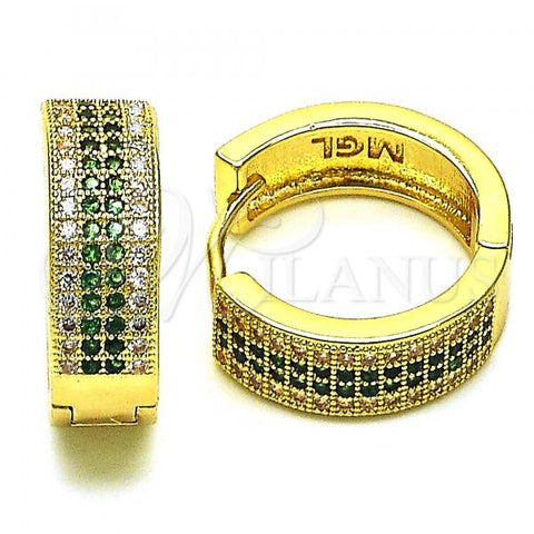 Oro Laminado Huggie Hoop, Gold Filled Style with Green and White Micro Pave, Polished, Golden Finish, 02.195.0072.3.20