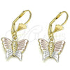 Oro Laminado Dangle Earring, Gold Filled Style Butterfly Design, Polished, Tricolor, 02.351.0082