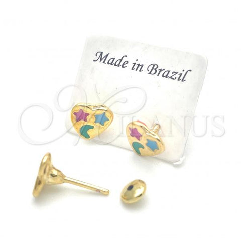 Oro Laminado Stud Earring, Gold Filled Style Heart Design, Multicolor Enamel Finish, Golden Finish, 02.02.0512