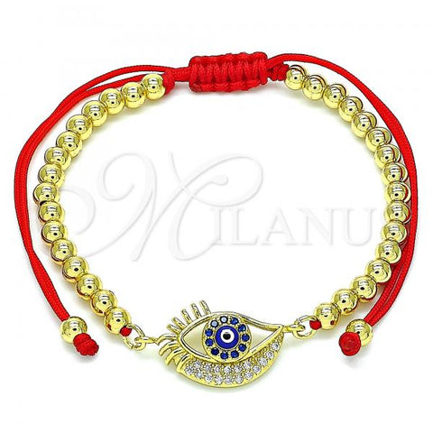 Oro Laminado Adjustable Bolo Bracelet, Gold Filled Style Evil Eye and Ball Design, with Sapphire Blue and White Micro Pave, Blue Enamel Finish, Golden Finish, 03.368.0039.11